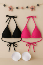 Kadın Siyah ve Fuşya Minimal Kesim Üçgen Bikini Üstü - Görsel 5