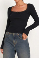 Kadın Siyah Kare Yaka Dantelli Uzun Kollu Crop Top Bluz - Görsel 5