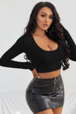 Kadın Siyah Uzun Kol Kare Yaka Crop Top Bluz - Görsel 5