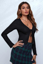 Kadın Siyah Uzun Kollu Önden Bağlama Detaylı Crop Top Bluz - Görsel 5