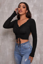 Kadın Siyah Uzun Kollu Büzdürme Bağcık Detaylı Crop Top Bluz - Görsel 5