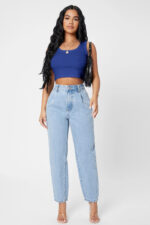 Kadın Lacivert Kare Yaka Crop Top Bluz - Görsel 3