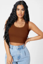 Kadın Kahverengi Kare Yaka Crop Top Bluz - Görsel 4