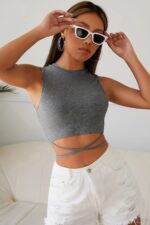 Kadın Gri Çapraz Bağlamalı Crop Top Büstiyer - Görsel 4