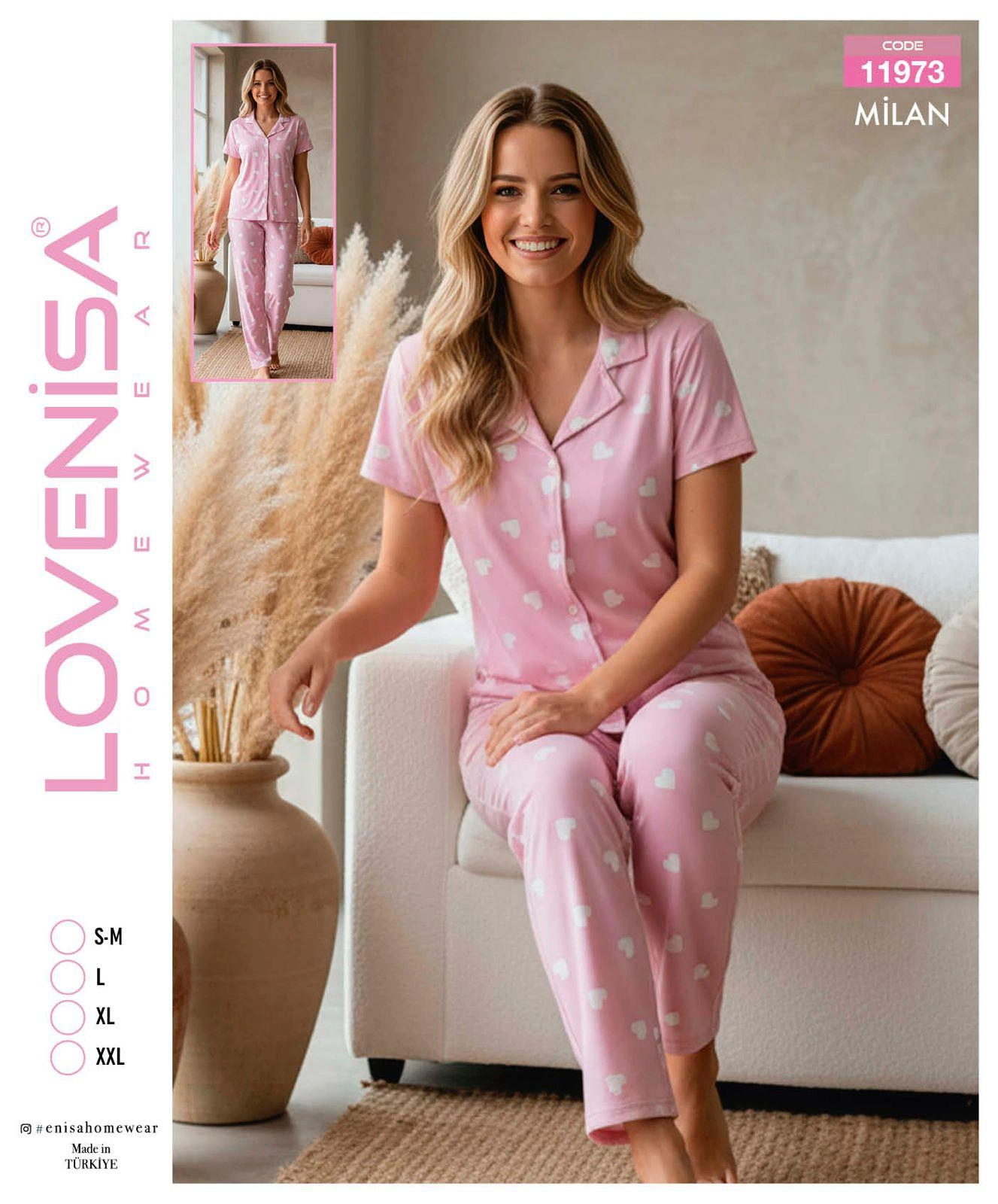 69d65e6661032-13777258-sw1327sh1600 Lovenisa 11973 Kadın Milan Düğmeli Kısa Kol Pijama Takımı - Görsel 1