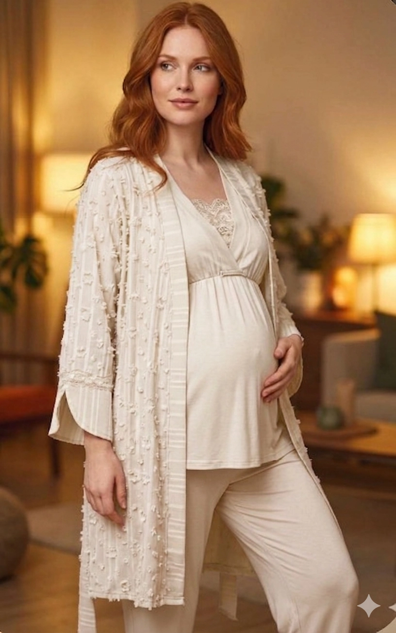 69d668d69d9d4-12173749-sw816sh1302 Bone 6209 Kadın 3'lü Dokuma Sabahlıklı Lohusa Pijama Takımı - Görsel 1