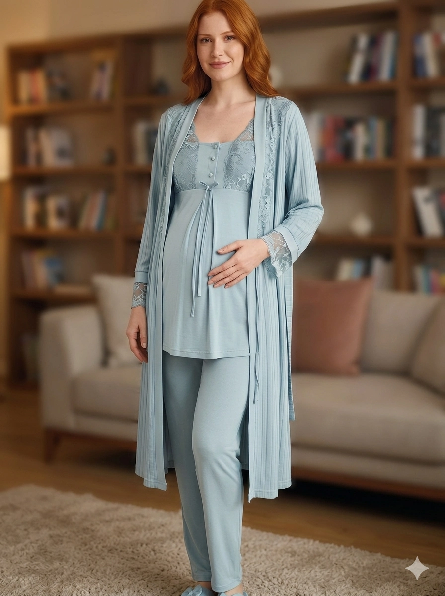 69d7764f6b32f-20024215-sw896sh1200 Bone 6205 Kadın 3'lü Jakarlı Sabahlıklı Lohusa Pijama Takımı - Görsel 1