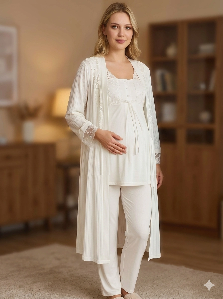 69d77706a8c00-1062460-sw896sh1200 Bone 6205 Kadın 3'lü Jakarlı Sabahlıklı Lohusa Pijama Takımı - Görsel 1