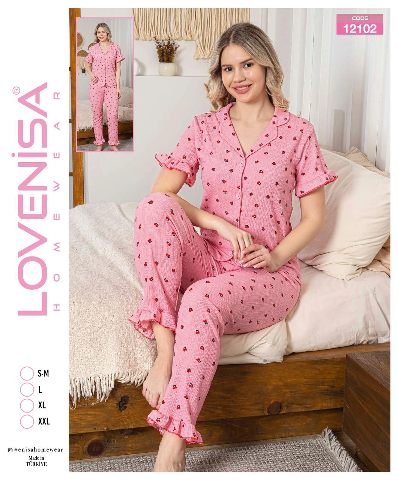 69d77e7b62e1c-9246141-sw1327sh1600 Lovenisa 12102 Kadın Bürümcük Düğmeli Pijama Takımı - Görsel 1