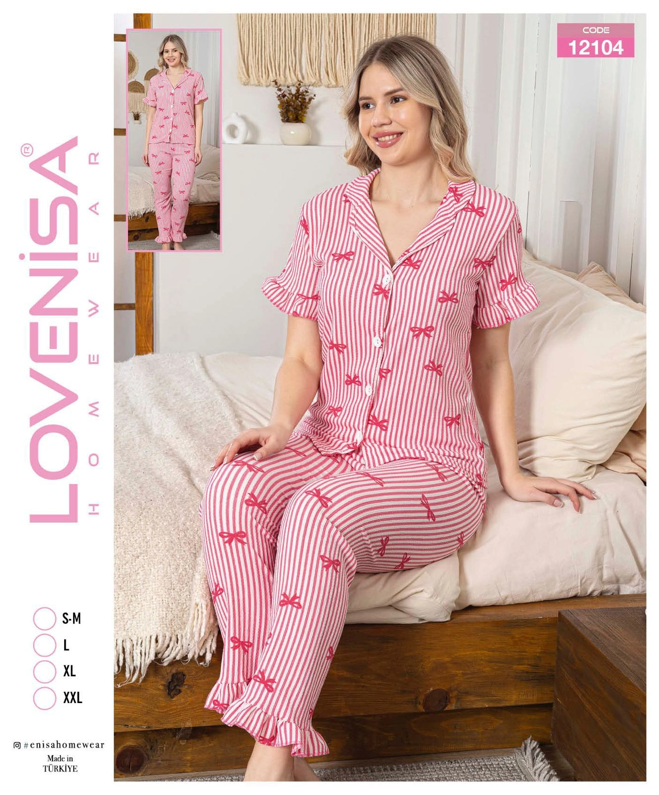 69d77ea99d50e-62337416-sw1327sh1600 Lovenisa 12104 Kadın Bürümcük Düğmeli Pijama Takımı - Görsel 1