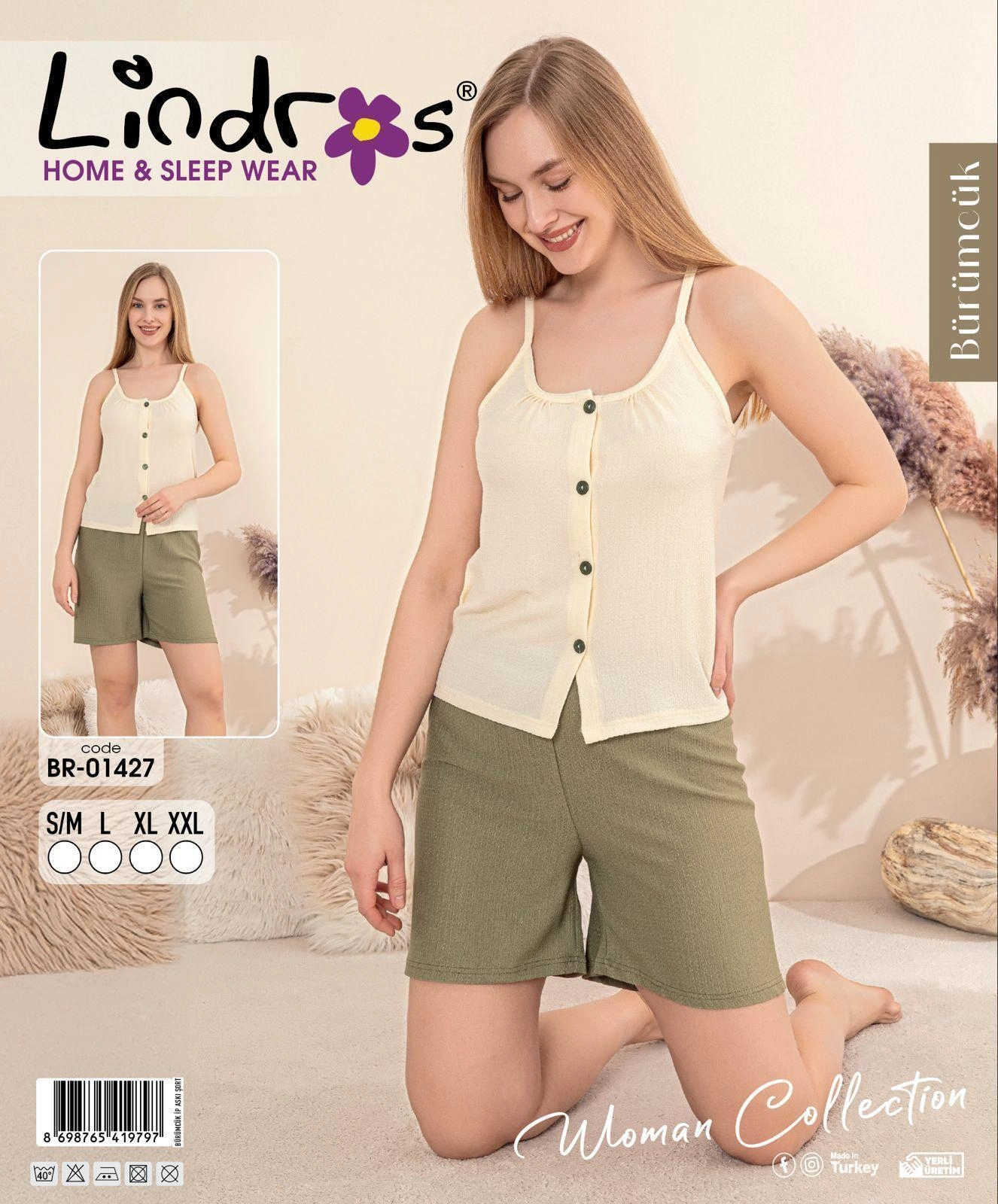69e0d8ebd89c7-12790728-sw1326sh1600 Lindros BR-01427 Kadın İp ASkılı Bürümcük Düğmeli Şort Takım - Görsel 1