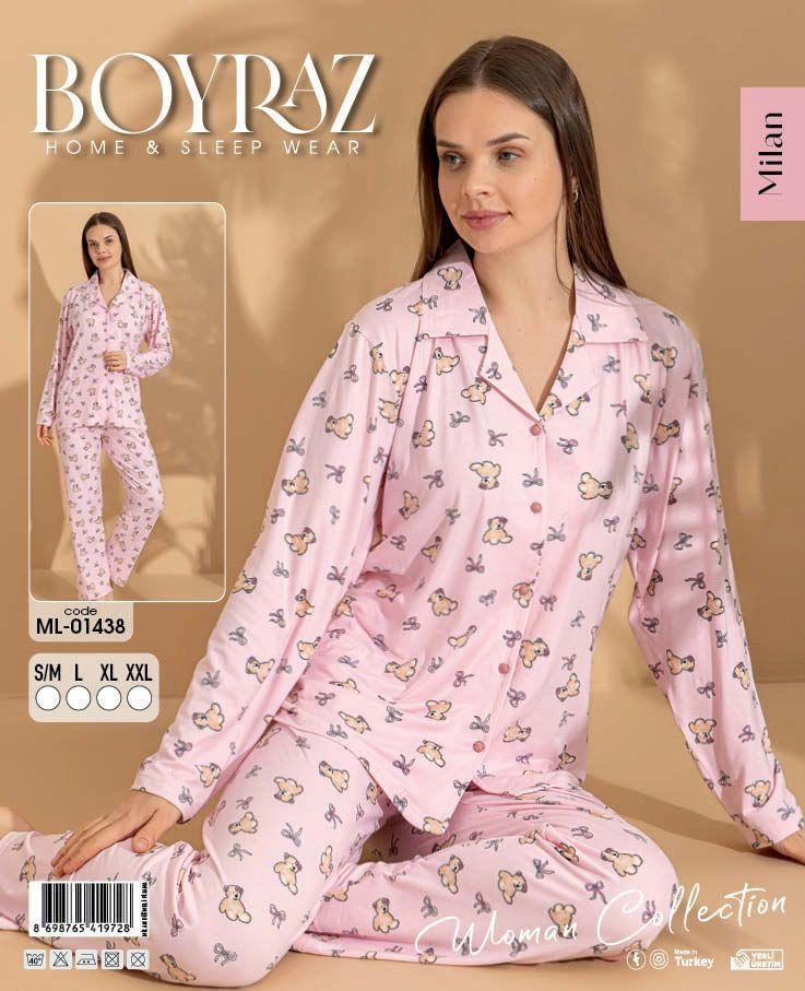69e0e1f00c15a-10804742-sw737sh907 Boyraz ML-01438 Kadın Uzun Kol Boydan Düğmeli Pijama Takımı - Görsel 1