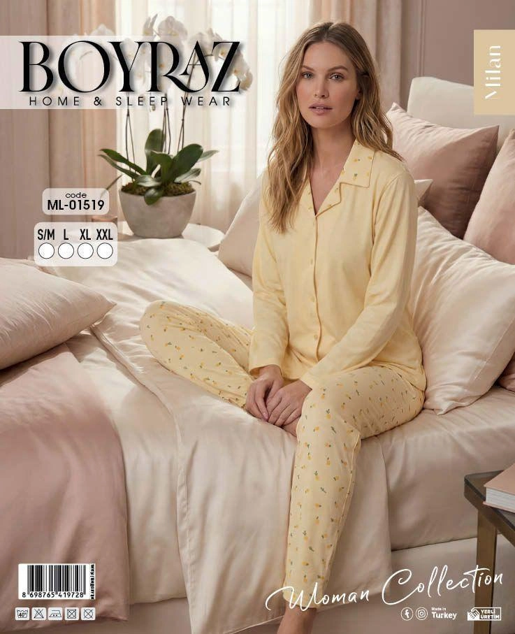 69e0e3029a1e2-90750416-sw737sh907 Boyraz ML-01519 Kadın Uzun Kol Boydan Düğmeli Pijama Takımı - Görsel 1