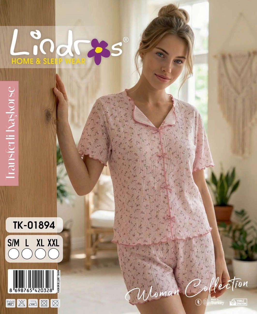 69eca8e041a25-90778440-sw1063sh1299 Lindros TK-01894 Kadın Kaşkorse Kısa Kol Şort Takım - Görsel 1