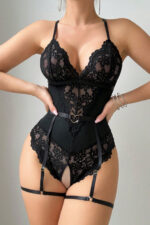 Kadın Siyah Dantel Jartiyerli Bodysuit Gecelik - Kemer Detaylı - Görsel 3