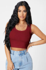 Kadın Bordo Kare Yaka Crop Top Bluz - Görsel 4
