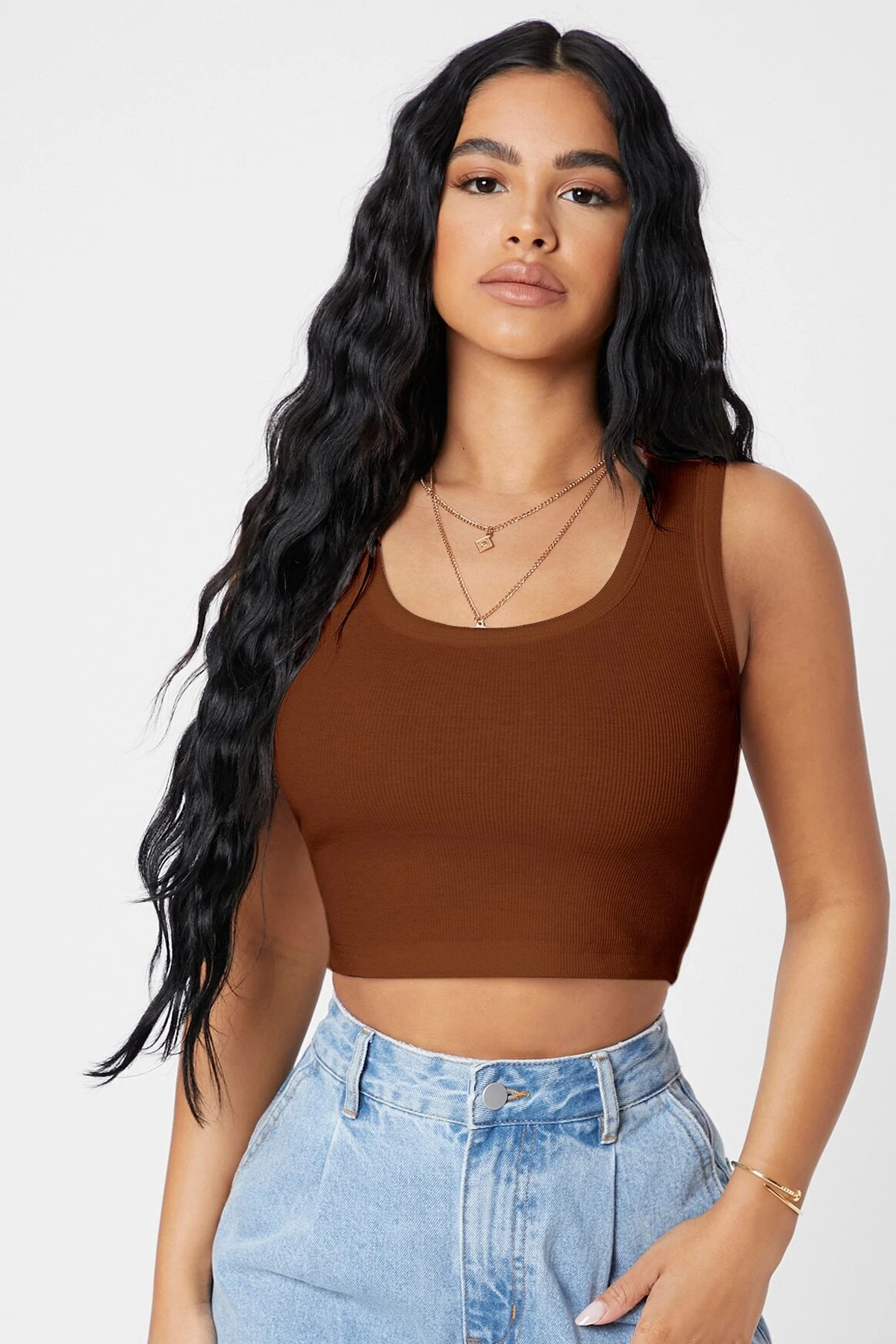 9d8a53bac11b34e01e305254e404ffbf Kadın Kahverengi Kare Yaka Crop Top Bluz - Görsel 1