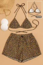 Kadın 3'lü Set Leopar Desenli Şortlu ve Yandan Bağlamalı Bikini Mayo Takımı - Görsel 3