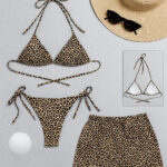 Kadın 3'lü Set Leopar Desenli Şortlu ve Yandan Bağlamalı Bikini Mayo Takımı