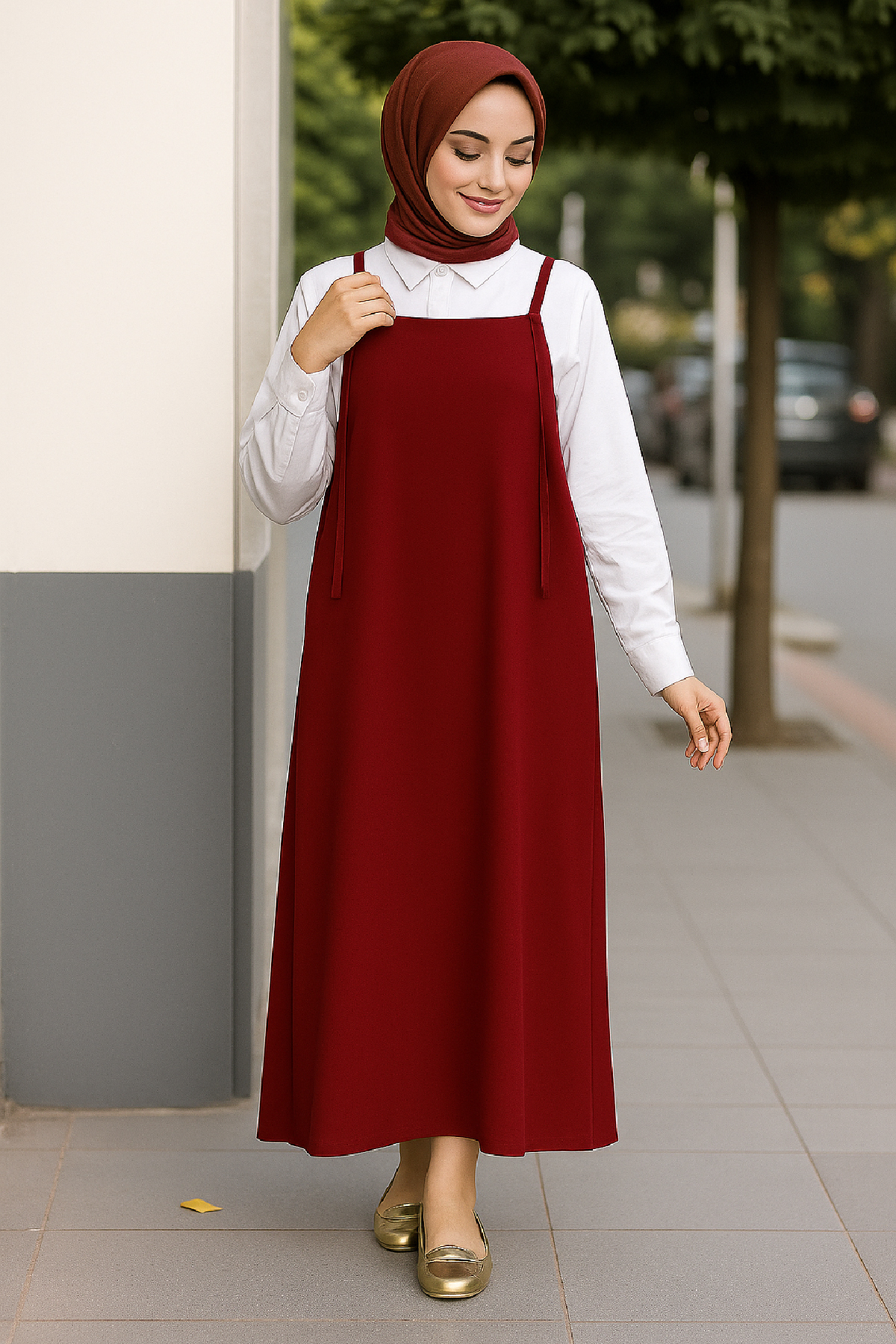 BRD-1 Kadın Bordo Basic Ayarlanabilir Askılı Jile Elbise - Görsel 1