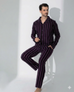 Boyraz çizgili erkek uzun kol penye pijama takımı önden görünüm