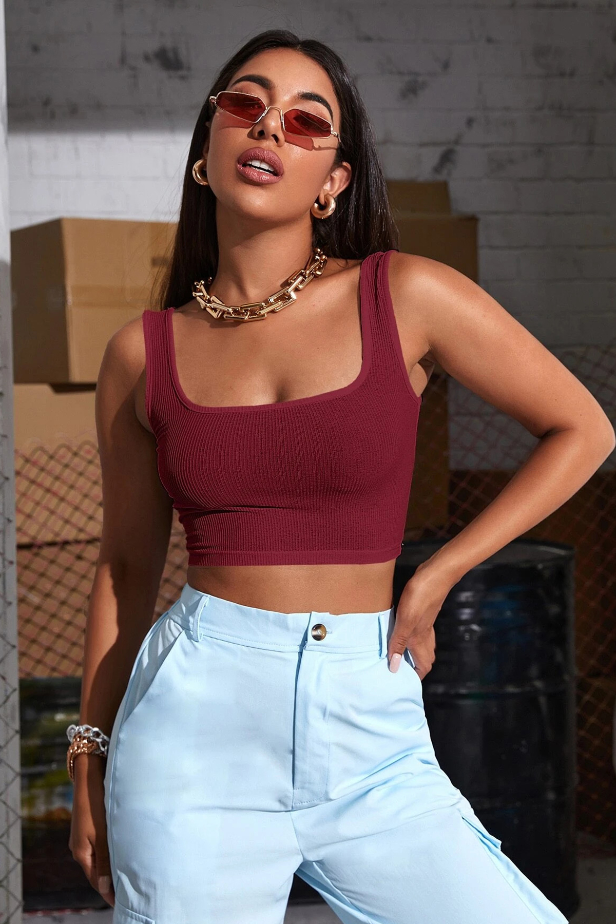 d172ec541588a3b26c31c2b0c9178880 Kadın Bordo Kalın Askılı Crop Top Büstiyer - Görsel 1