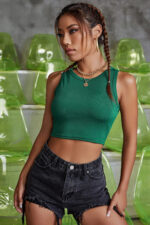 Kadın Yeşil Kare Yaka Crop Top Bluz - Görsel 3