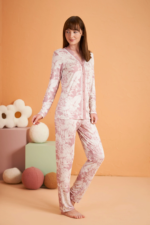 PJS 28017 Kadın Uzun Kol Önü Düğmeli Pijama Takım - Görsel 2