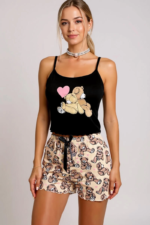 Renkli Ayıcık Desenli Askılı Şortlu Kadın Pijama Takımı - Görsel 3