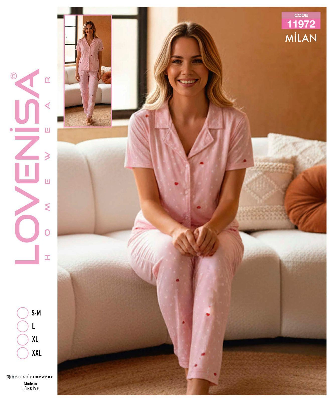 69d65e9ec4766-36852098-sw1327sh1600 Lovenisa 11972 Kadın Milan Düğmeli Kısa Kol Pijama Takımı - Görsel 1