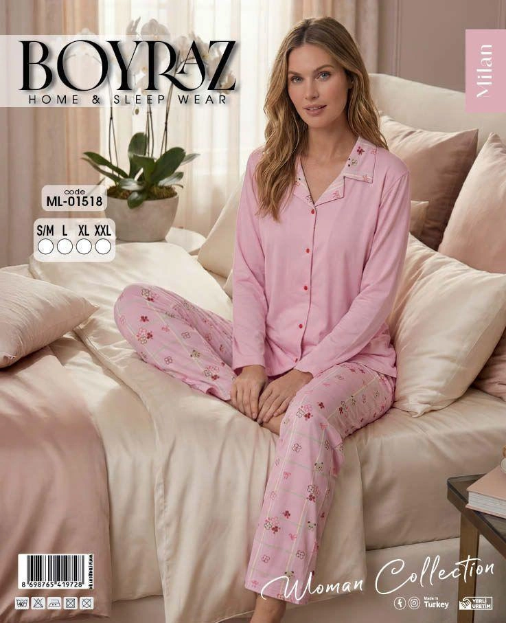 69e0e2d3f0110-99172713-sw737sh907 Boyraz ML-01518 Kadın Uzun Kol Boydan Düğmeli Pijama Takımı - Görsel 1
