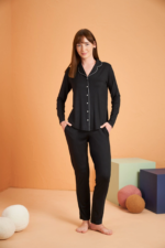 PJS 28049 Kadın Uzun Kol Önü Düğmeli Pijama Takım - Görsel 2