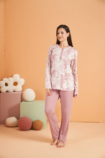 PJS 28016 Kadın Uzun Kol Yarı Patlı Desenli Pijama Takım - Görsel 2