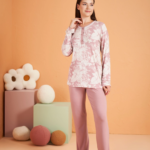 PJS 28016 Kadın Uzun Kol Yarı Patlı Desenli Pijama Takım