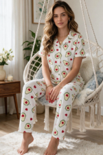 Avokado Desenli Kısa Kollu Gömlek Yaka Milan Kumaş Kadın Pijama Takımı - Görsel 3