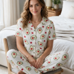 Avokado Desenli Kısa Kollu Gömlek Yaka Milan Kumaş Kadın Pijama Takımı