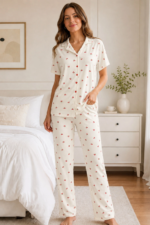 Manken üzerinde tam boy beyaz kiraz desenli pijama takımı