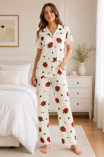 Ekru Çilek Desenli Kısa Kollu Gömlek Yaka Milan Kumaş Kadın Pijama Takımı - Görsel 3