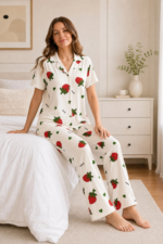 Ekru Çilek Desenli Kısa Kollu Gömlek Yaka Milan Kumaş Kadın Pijama Takımı - Görsel 2