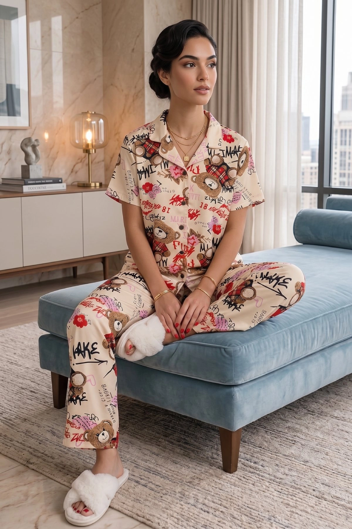 ekru-ayicik-desenli-kisa-kollu-gomlek-yaka-milan-kumas-kadin-pijama-takimi-50824188-sw1200sh1800 Ekru Ayıcık Desenli Kısa Kollu Gömlek Yaka Milan Kumaş Kadın Pijama Takımı - Görsel 1
