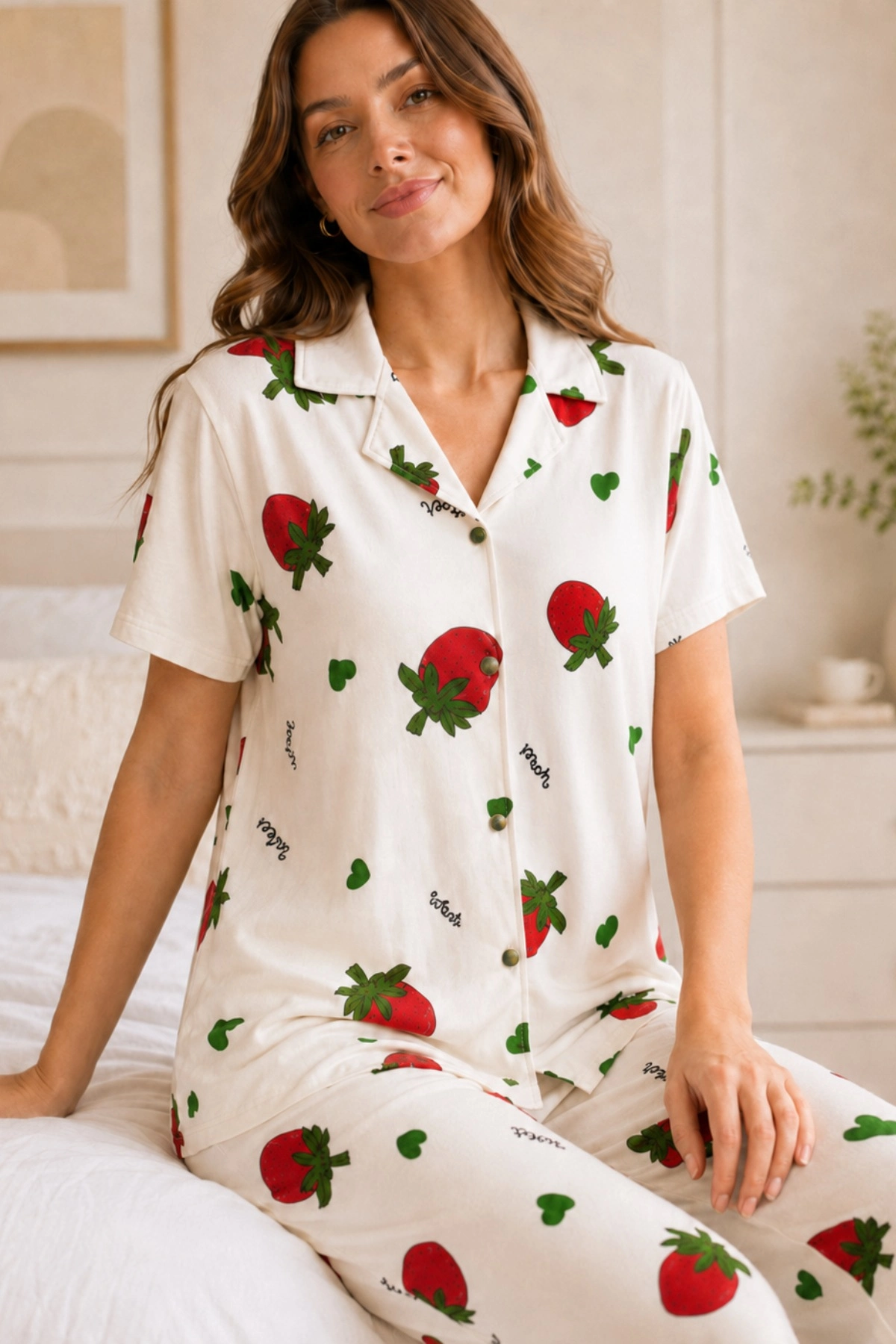 ekru-cilek-desenli-kisa-kollu-gomlek-yaka-milan-kumas-kadin-pijama-takimi-52727712-sw1200sh1800 Ekru Çilek Desenli Kısa Kollu Gömlek Yaka Milan Kumaş Kadın Pijama Takımı - Görsel 1