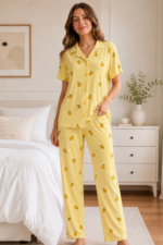 Sarı Limon Desenli Kısa Kollu Gömlek Yaka Milan Kumaş Kadın Pijama Takımı - Görsel 2