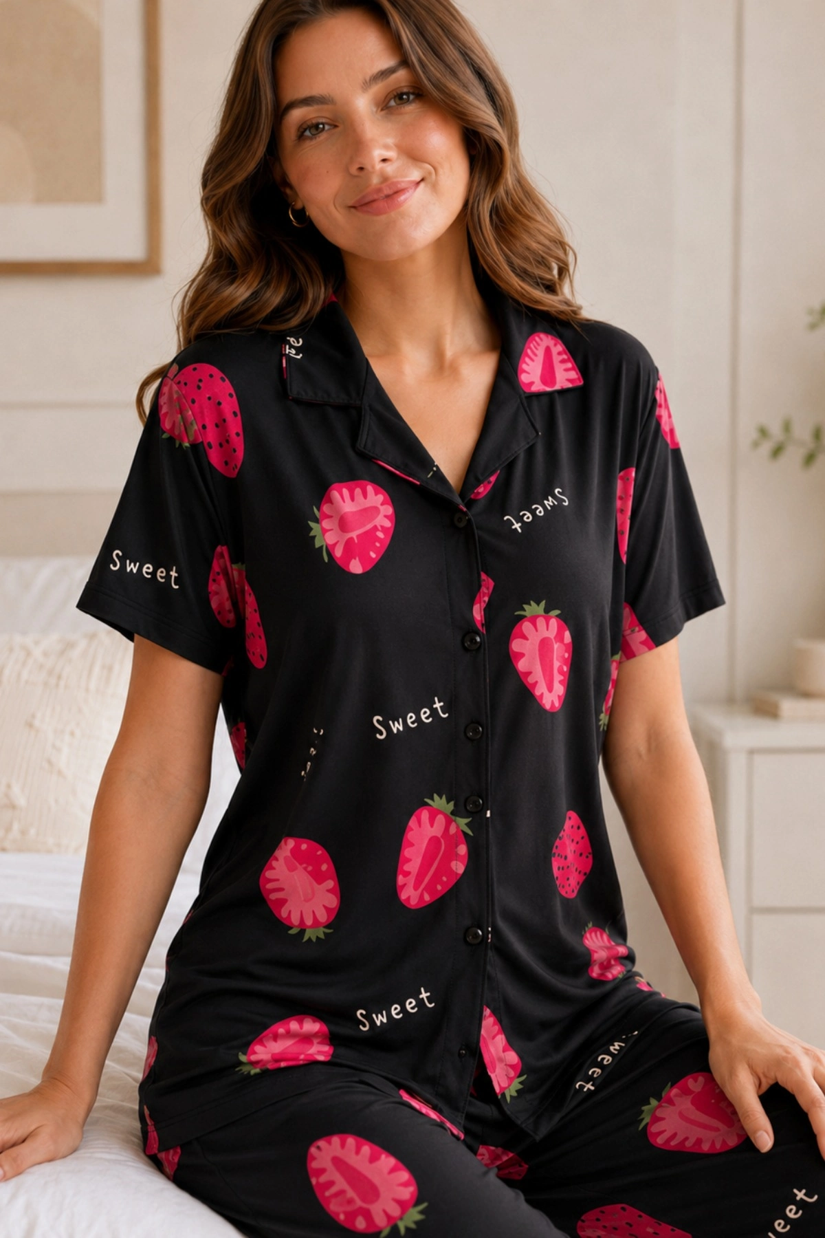 siyah-cilek-desenli-kisa-kollu-gomlek-yaka-milan-kumas-kadin-pijama-takimi-68226548-sw1200sh1800 Siyah Çilek Desenli Kısa Kollu Gömlek Yaka Milan Kumaş Kadın Pijama Takımı - Görsel 1