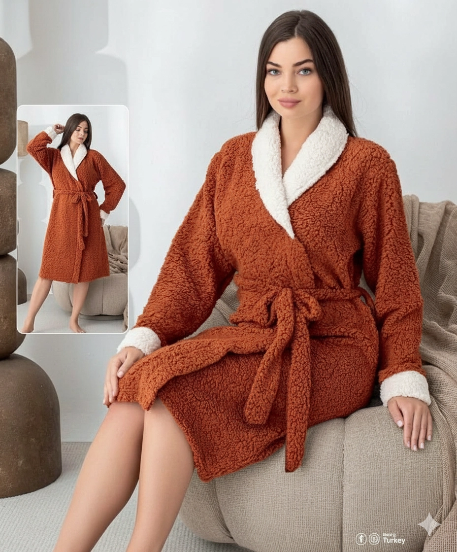 Manken üzerinde kiremit rengi peluş görünümlü şal yaka sabahlık ön görünüm Manken üzerinde kiremit rengi peluş görünümlü şal yaka sabahlık ön görünüm