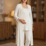 Manken üzerinde ekru jakarlı sabahlıklı lohusa pijama takımı ön görünüm