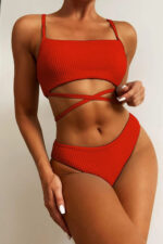 Kadın Kırmızı Çapraz Bağlama Detaylı Yüksek Bel Bikini Takımı - Görsel 2