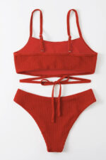 Kadın Kırmızı Çapraz Bağlama Detaylı Yüksek Bel Bikini Takımı - Görsel 3