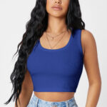 Lacivert kare yaka kolsuz crop top bluz ön görünüm