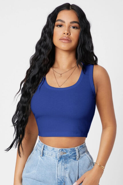 Lacivert kare yaka kolsuz crop top bluz ön görünüm