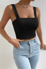 Kadın Siyah Kare Yaka Kalın Askılı Dekolteli Crop Top Bluz - Görsel 5